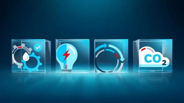 Illustration of sustainability levers, including efficient use of materials and resources, reducing energy consumption, extending lifetime and closing the material loop, and innovating for a smaller footprint.