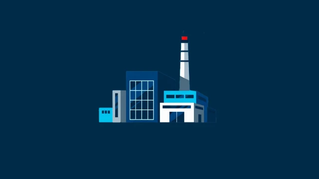 A symbolic representation of the manufacturing phase of a product life cycle, depicted by an illustration of a factory building.