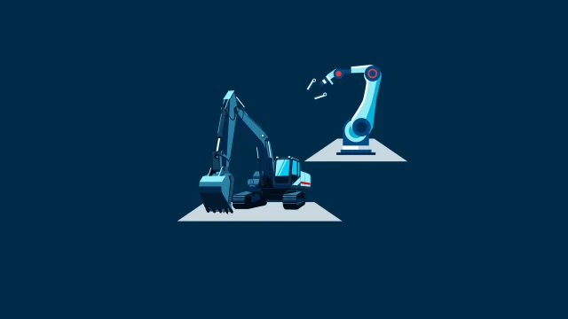 Two illustrations representing the use phase of a product life cycle, showing an excavator and a robot arm.
