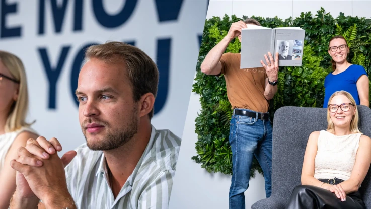 Kaksi kuvaa. Toisessa lähikuva miehestä. Toisessa nainen istuu ja nauraa, takana nainen nauraa ja mies lukee kirjaa.