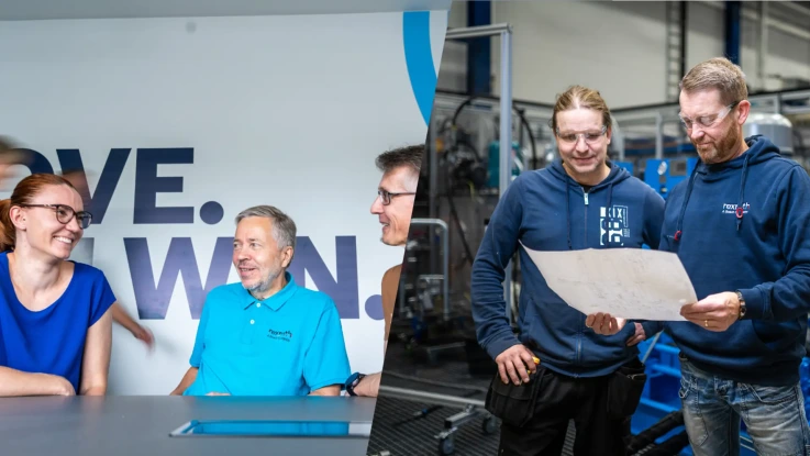 Kaksi kuvaa joissa toisessa työntekijät keskustelevat iloisesti keskenään neuvottelu pöydän ääressä. Toisessa kaksi miestä katsoo koneikon piirustusta.