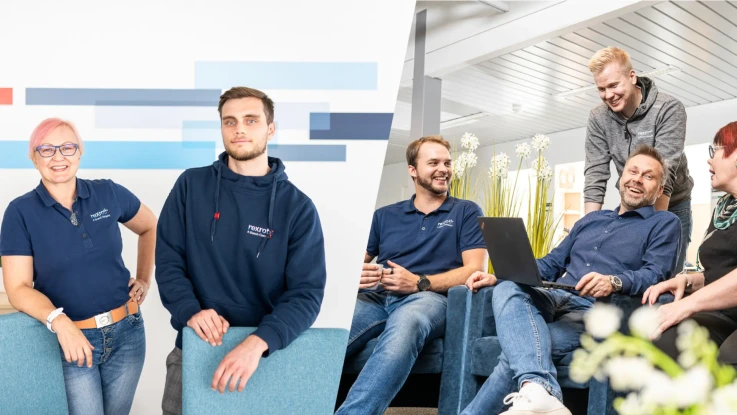 joukko työntekijöitä hymyilee, kuuntelee ja keskustelee