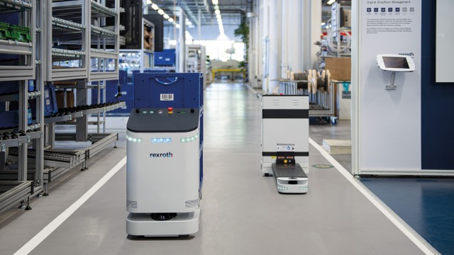 ActiveShuttle intralogistics robot is driving through the factory