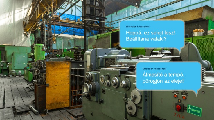 Equipment in an aged production hall with speech bubbles