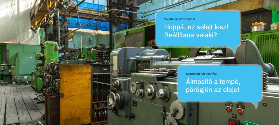 Equipment in an aged production hall with speech bubbles