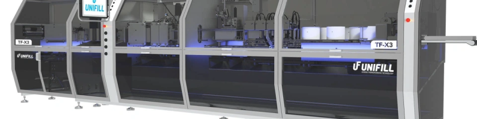 Pionowa maszyna termoformująca TF-X3 firmy UNIFILL do napełniania jednorazowych opakowań produktami płynnymi i półstałymi, przeznaczona dla przemysłu spożywczego i niespożywczego