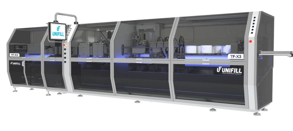 Pionowa maszyna termoformująca TF-X3 firmy UNIFILL do napełniania jednorazowych opakowań produktami płynnymi i półstałymi, przeznaczona dla przemysłu spożywczego i niespożywczego 