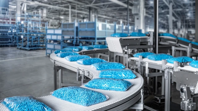 Przenośnik taśmowy VarioFlow z powierzchnią o bardzo drobnych oczkach, prawie całkowicie zamkniętą i gładką, do zastosowań w branży FMCG oraz sektorze farmaceutyki / opieki zdrowotnej. (Zdjęcie: Bosch Rexroth AG)