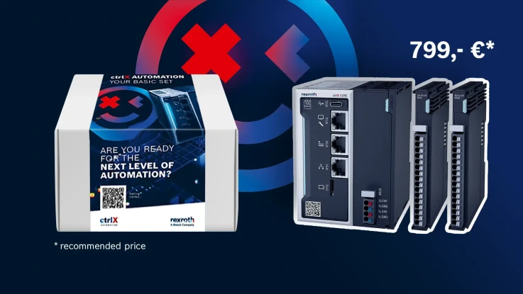 box with ctrlX AUTOMATION basic set and its components, price 799 euros