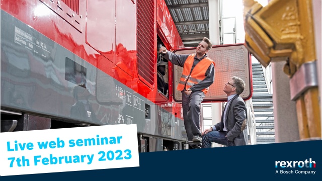 A serviceman and a elegantly dressed man stand next to a train; the date of the webinar is February 7, 2024