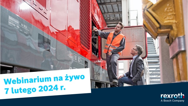 serwisant oraz elegancko ubrany mężczyzna stoją obok pociągu; data webinaru to 7 lutego 2024 r.