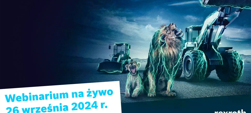 Data webinaru: 14 grudnia 2024, a obok dwa lwy i maszyny robocze otoczone piorunami 