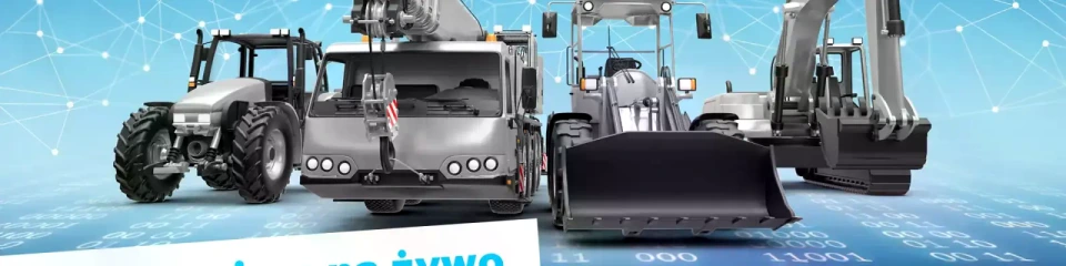 Robocze maszyny mobilne na niebieskim tle data webinaru 22 maja 2025