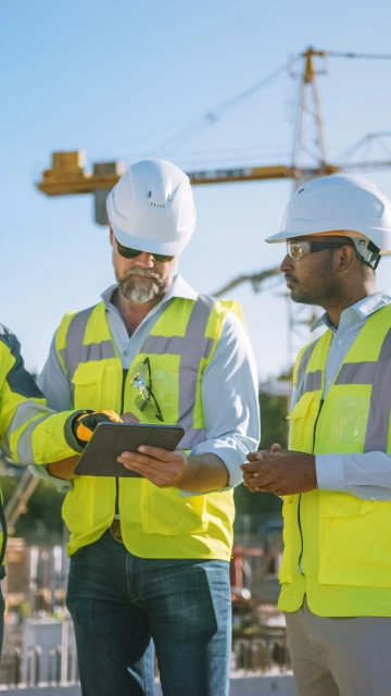 två män på ett kontor tittar på byggnadsplaner