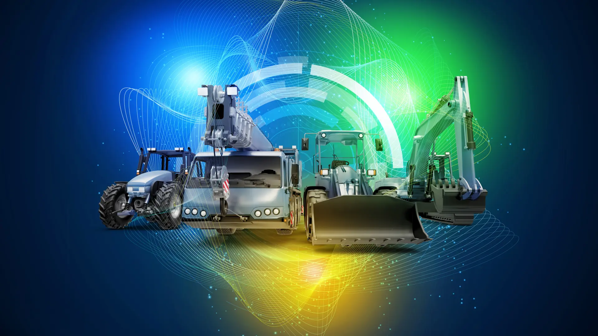 off highway maskiner mot en färgglad bakgrund