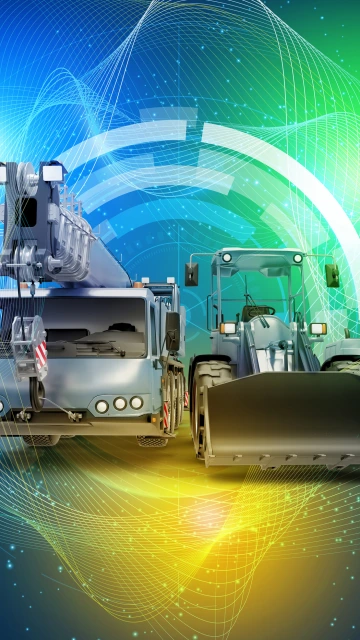 off highway maskiner mot en färgglad bakgrund