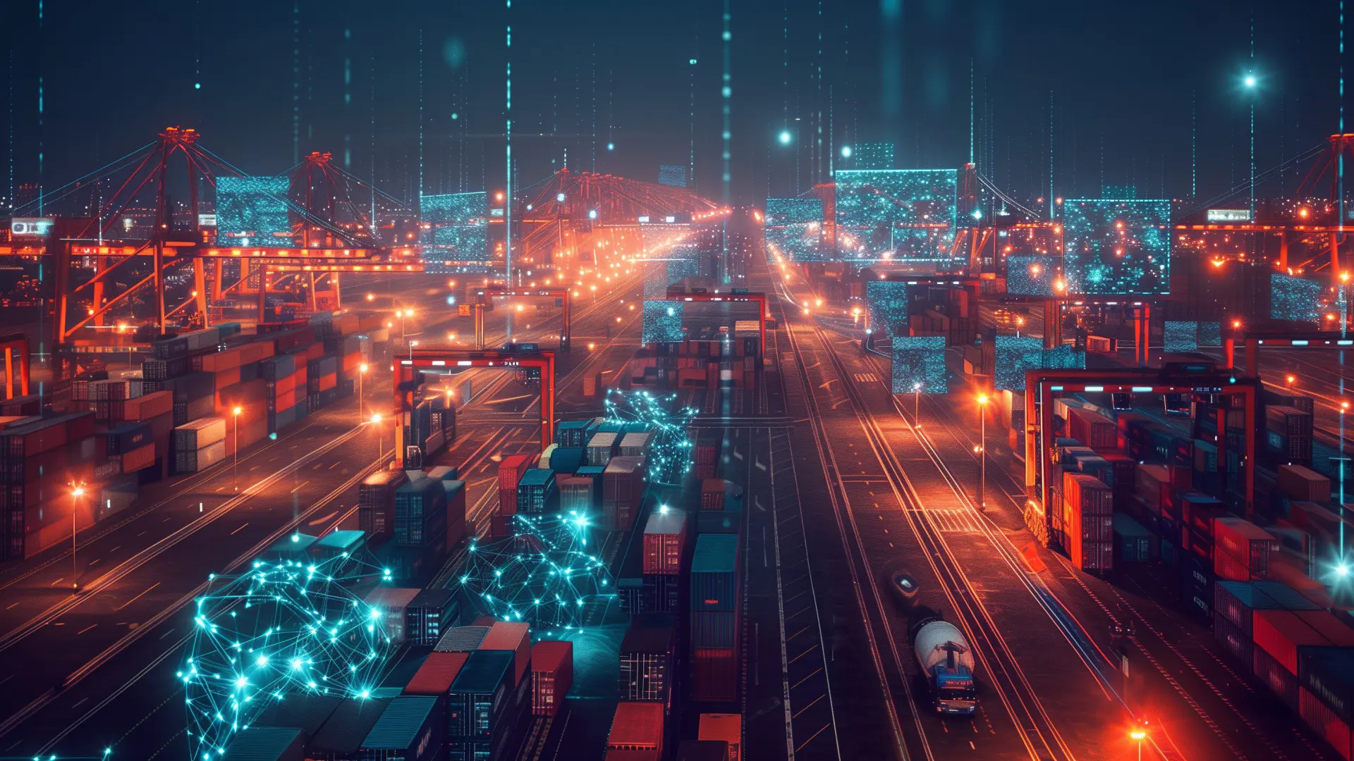 Digitalt nätverk över containerhamn som visualiserar datadriven spårbarhet.