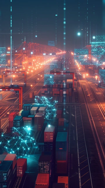 Digitalt nätverk över containerhamn som visualiserar datadriven spårbarhet.