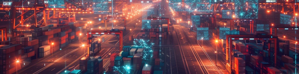 Digitalt nätverk över containerhamn som visualiserar datadriven spårbarhet.
