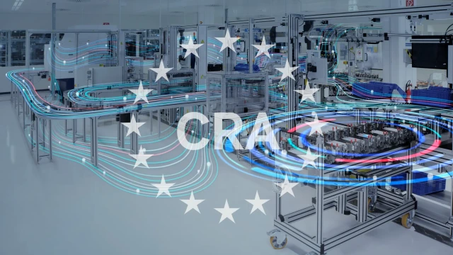 CRA logga mot en frabriksbakgrund