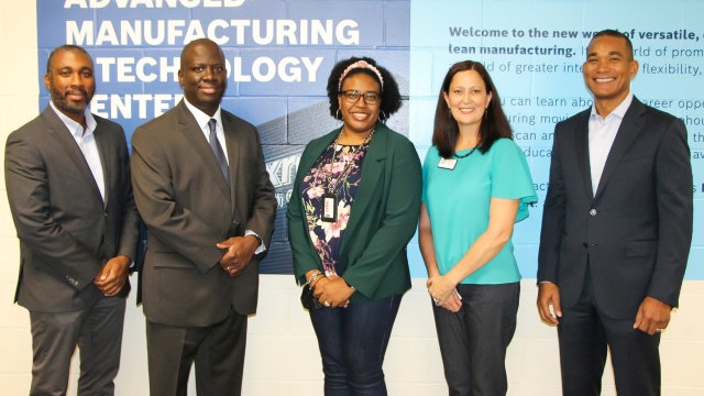 Charlotte-Mecklenburg officials and Bosch Rexroth executives gathered to celebrate the ongoing partnership. (Pictured L to R: Casey Jones, Principal, Olympic High School, Earnest Winston, Superintendent, CMS, Ashlee Campbell, Asst. Director CMS CTE, Jennifer De La Jara, CMS Board of Education At-Large, Greg Gumbs, President & CEO of Bosch Rexroth North America)