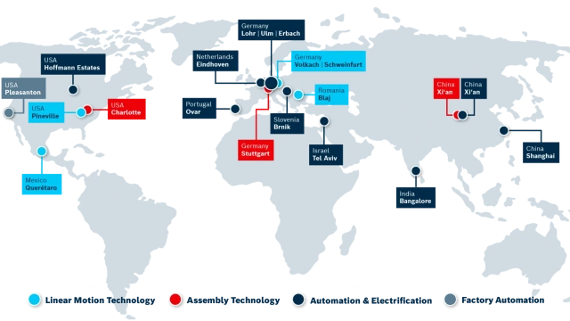 World map showing global locations for linear motion, assembly, and automation & electrification technologies.