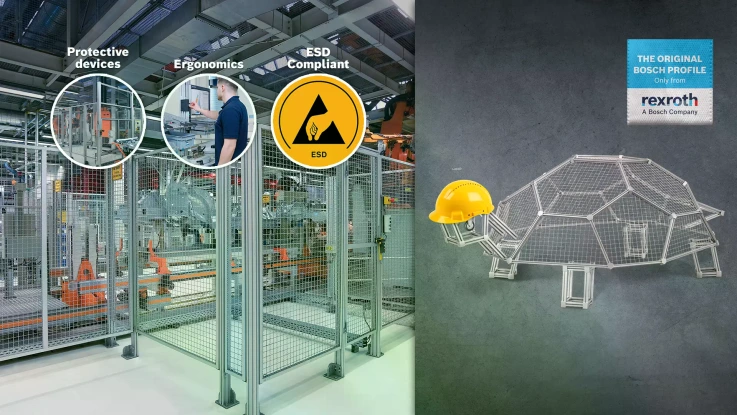 This picture shows a shoal of fish, illustrated with various aluminum profiles from Bosch Rexroth.