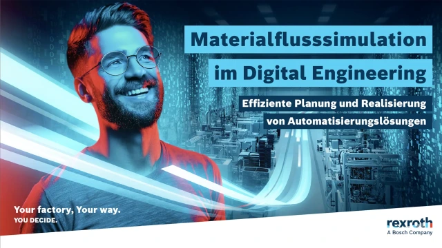 Titelbild des Bosch Rexroth E-Books über „Materialflusssimulation im Digital Engineering“.