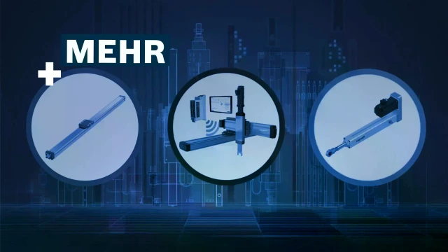 Linearachse, elektromechanischer Zylinder sowie ein kartesischer Mehrachser sind jeweils in einem Spot abgebildet, im Hintergrund ist die LT-City zu sehen. 