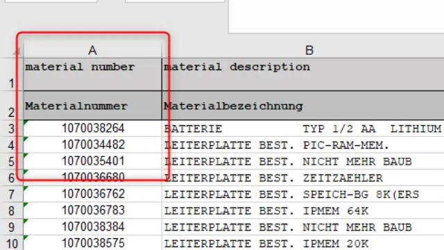 Column A marked to show where you find the material number