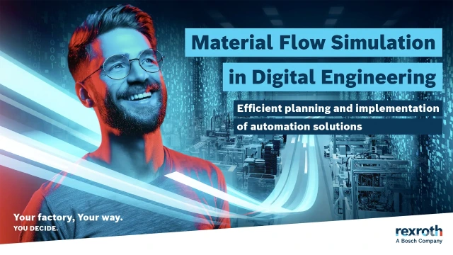 Title image of the Bosch Rexroth ebook on "Material flow simulation in digital engineering".