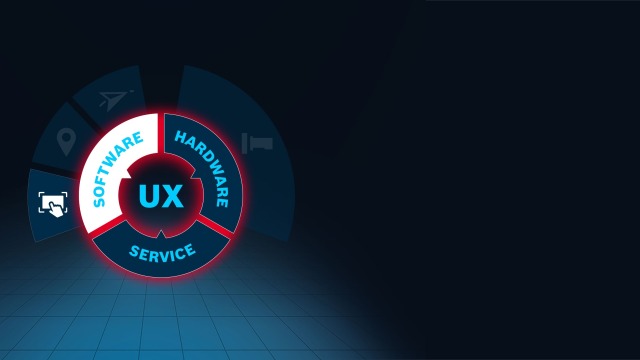 L'immagine mostra la sigla "UX". È circondata da un cerchio con bordo rosso, formato dai tasti "SOFTWARE", "HARDWARE" e "SERVICE" oltre alle rispettive icone dei prodotti. È selezionato il ROKIT aXessor.