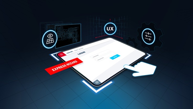 The image shows a tablet with a login screen in the center and a hand icon. Above the tablet are three circular icons: an eye, an icon that says "UX" and an icon with various sliders. On the bottom left, a red button with the inscription "Express Wizard".