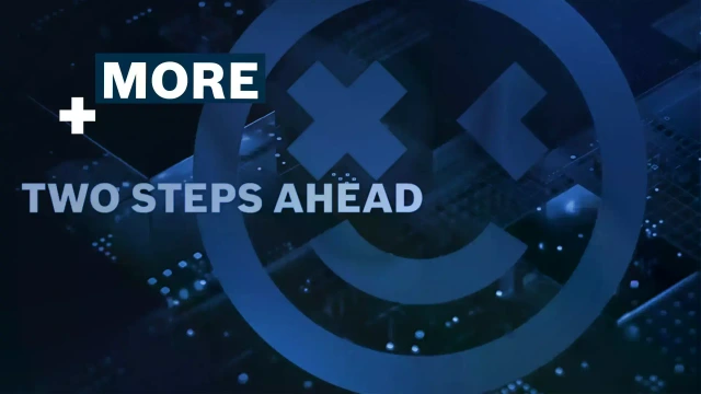 The picture shows the campaign visual of ctrlX AUTOMATION. It shows a smiley in the color gradient of the campaign. This is complemented by the slogan "Two Steps Ahead“.