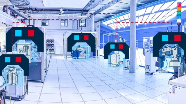 Model factory with digital twin showing graphical overlays of machines representing Asset Administration Shells.
