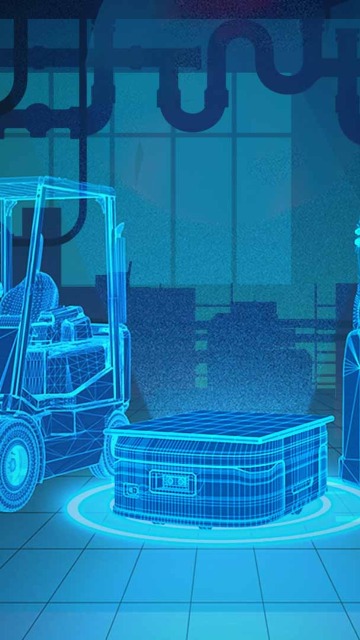 Blue graphic showing various forklift trucks and mobile robots standing in front of an industrial background.