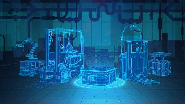 Graphique d'un entrepôt de marchandises vu de l'intérieur en bleu. Différents véhicules tels que des chariots élévateurs et des robots mobiles sont mis en avant. Le robot mobile se trouve au centre et est éclairé.