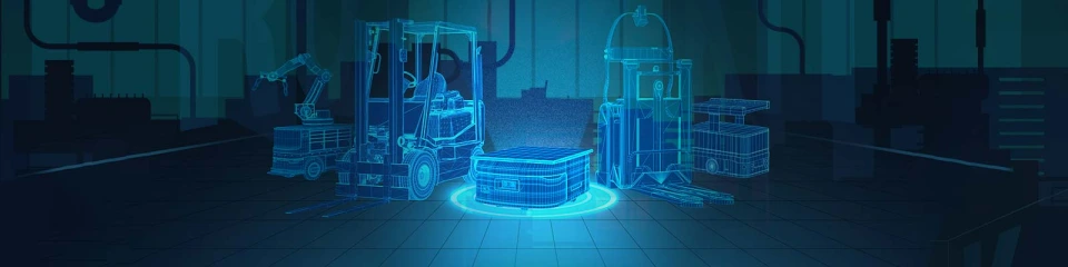 Blå grafikk som viser flere gaffeltrucker og mobile roboter som står foran en industriell bakgrunn.