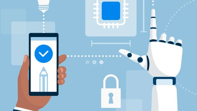 Illustration of hand with phone and robot arm