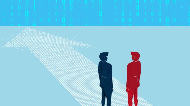 Illustration of two people and digital horizon