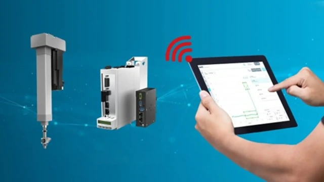 Left: Smart Function Kit Pressing; middle: the ctrlX control center; right: right two arms holding a display. The display shows a graphic