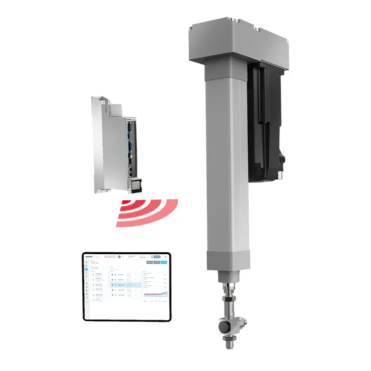 El Smart Function Kit de prensado combina componentes mecatrónicos estándar con un software de manejo intuitivo para una puesta en marcha rápida, secuenciación gráfica, integración sencilla en la línea y recopilación integrada de datos de proceso. (Copyright: Bosch Rexroth)