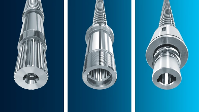 ねじ軸端（スピンドル端）の多様な追加加工オプション（左から）：内ねじ付き外スプライン、外ねじ付き内スプライン、おねじを用いた内部スプライニング、および内部キーウェイ。