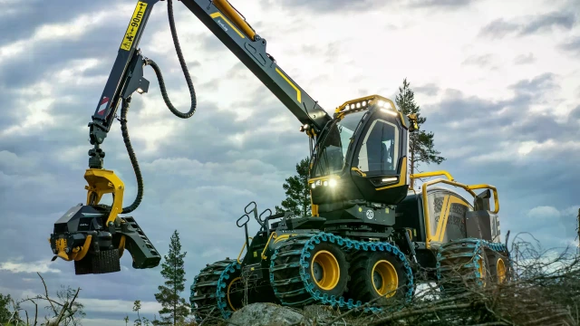 Eco Log 688G Harvester mit Kran und Greifer im Abendlicht