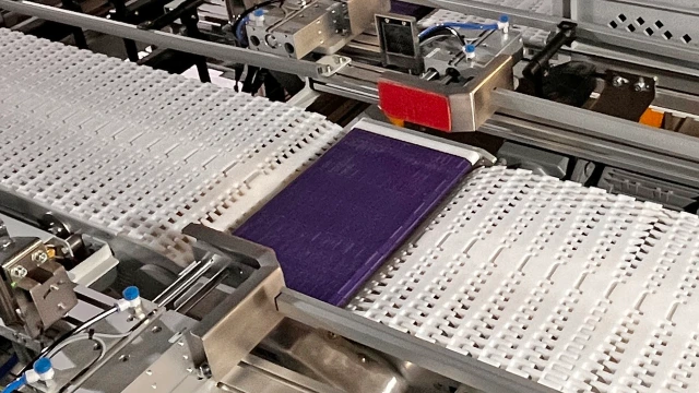 An active transfer bridge spans the gap between two conveyor belts for transporting a flat, purple product