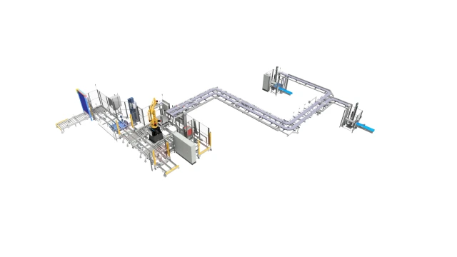 Layout of an automated palletizing system with a robot and long conveyor belts