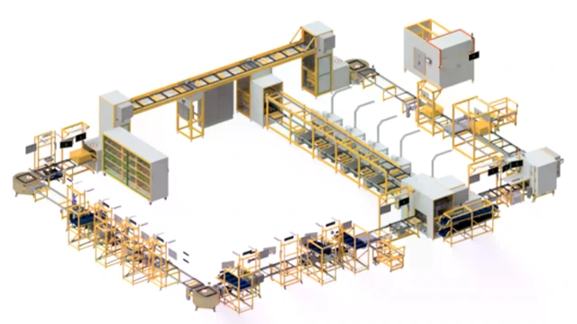 CAD-Zeichnung einer großen, komplexen Montage- und Förderanlage mit modularen Arbeitsstationen und Förderbändern in gelben und grauen Farben, isoliert auf weißem Hintergrund.