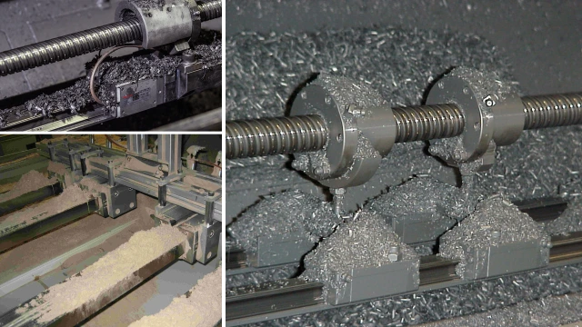 Picture collage showing how double-lipped seals protect linear guides from contamination by metal and wood chips.