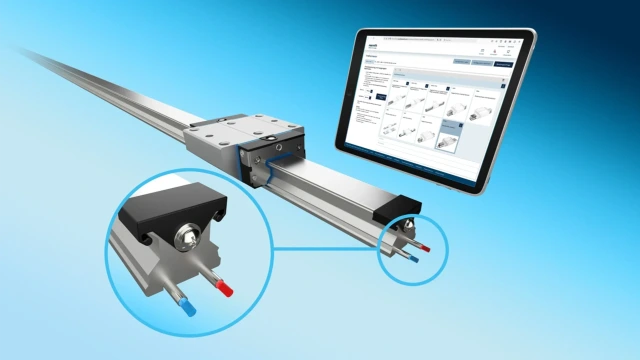 Roller rail system RSHP on a blue background, with a detailed view of the patented TCRS temperature control option and reference to the online configurator, visualized by a tablet.