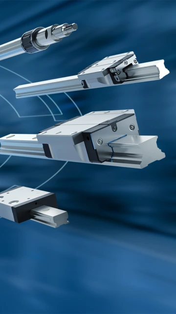 A selection of Rexroth linear guides on a blue, technological background with icons symbolizing different application areas.